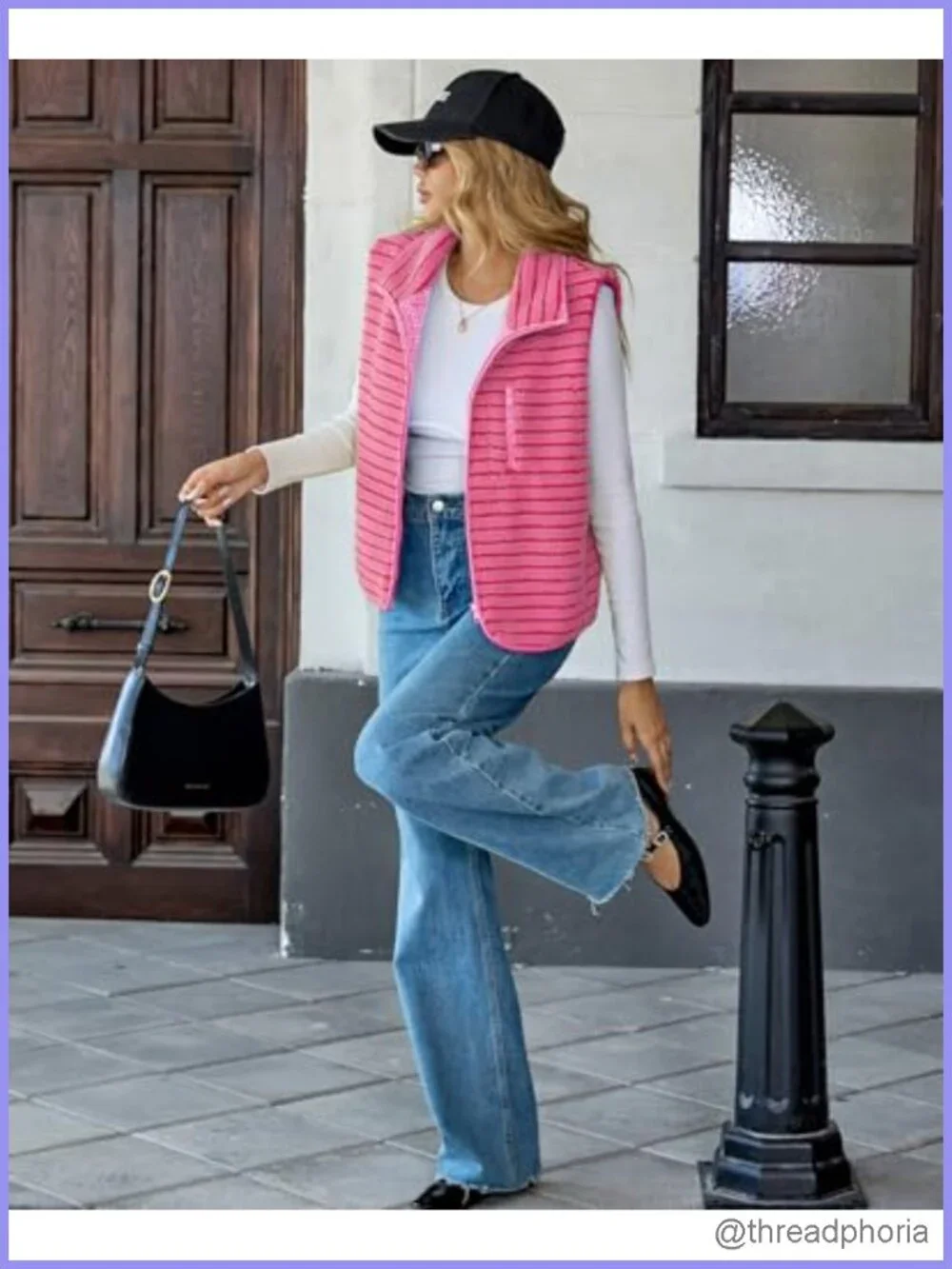 Women's Striped Fleece Sleeveless Vest High Neck Zipper Sherpa-Lined Pockets